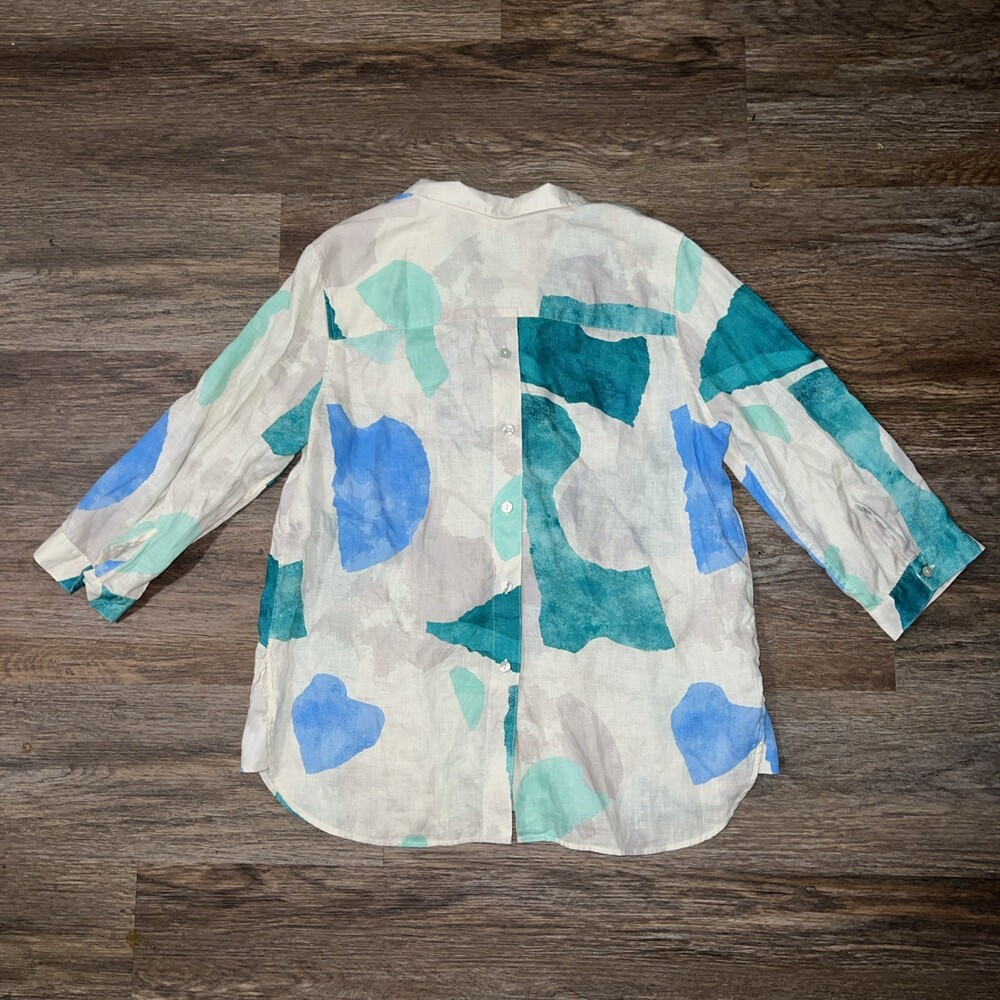Chico's Shirt Womens Medium 1 US 8 Blue Green Abstract Pullover 3/4 Sleeve Tunic - Picture 6 of 9